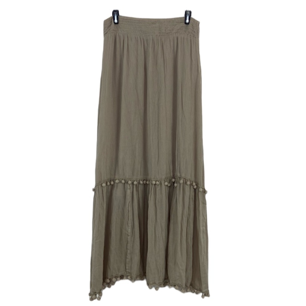 Chicos tan Pom Pom fringe tier maxi skirt. Size 0/S/4